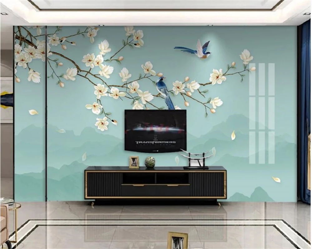 

New style flower bird branch magnolia background Mural Custom size home decoration self-adhesive relief material 3d Wallpaper