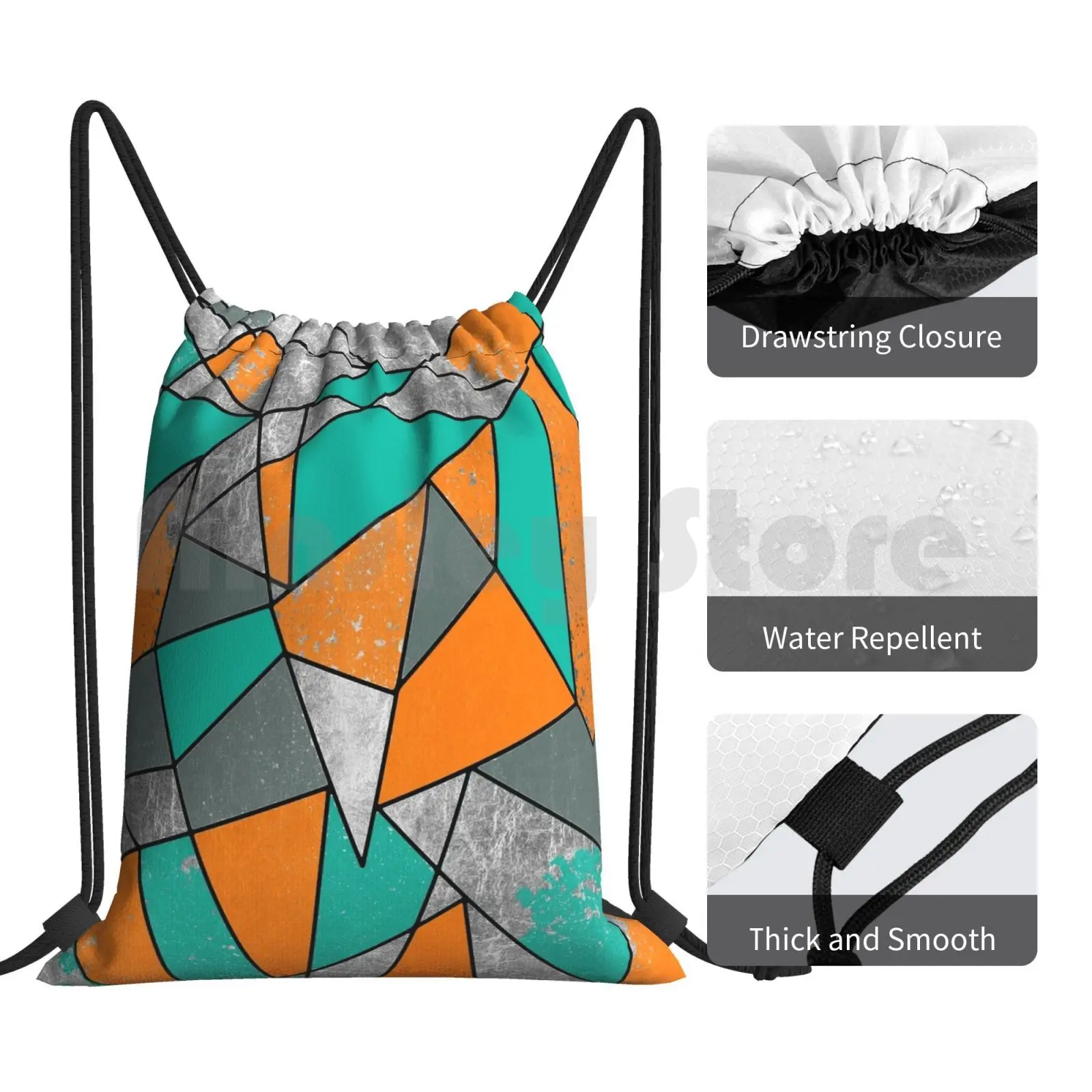 Modern Rustic Orange Teal Gray Silver Geometric Backpack Drawstring Bag Riding Climbing Gym Bag Modern Geometric Simple