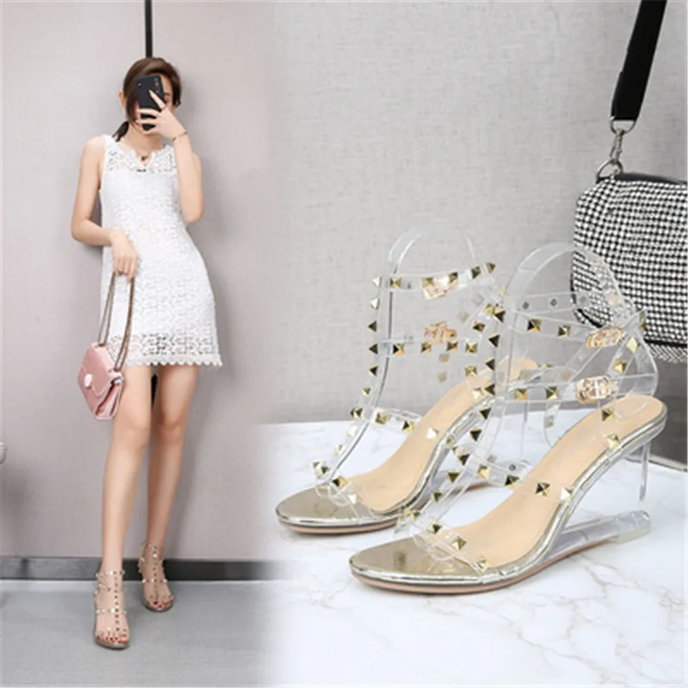 Nuovo 2024 donne Open Toe rivetto sandali trasparenti Slingbacks Wedge High Clear Crysta Heel Shoe Big Size 34-43 nero oro argento