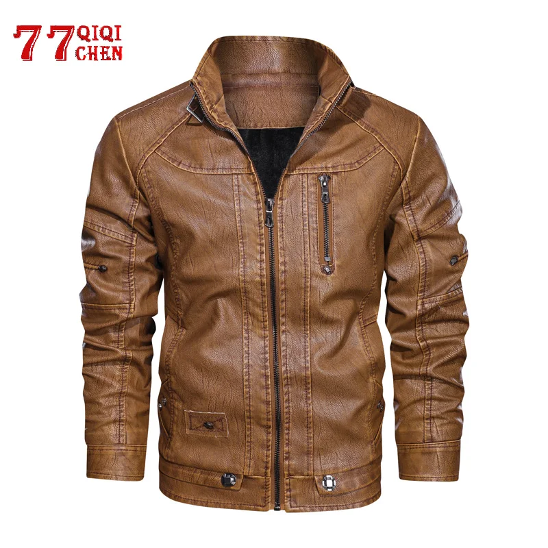 

Winter Leather Jacket Men Stand Collar Motorcycle Washed Retro Velour Leather Jackets Fashion warm Autumn Coats Mens Euro Size