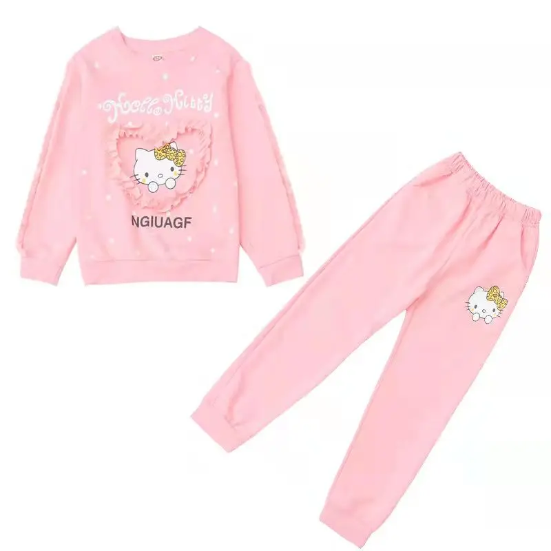 Hello Kitty Girls Spring And Autumn Pure Cotton Long-sleeved Long Suit Large Children\'s Leisure Fashion Sports Two-piece Suit