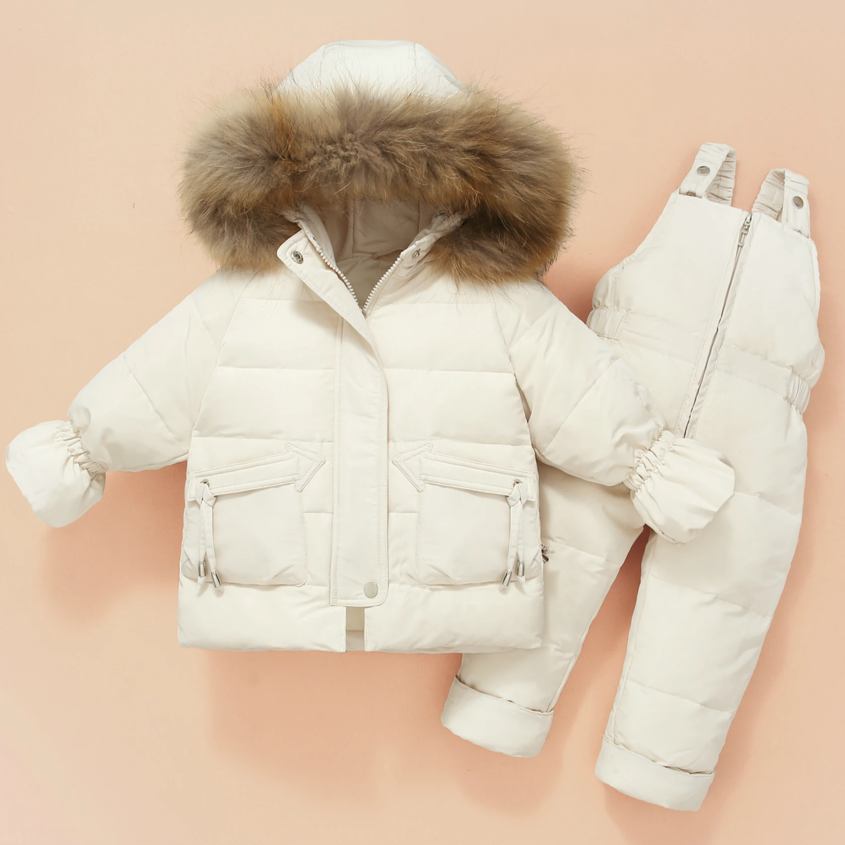 -30 Degrees Winter Children Down Jacket Clothing Sets Fur Collar Girls Down Jackets + Overalls Kids Warm Suit For toddler Boys