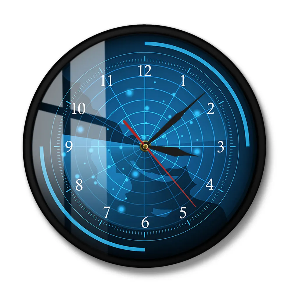 Blue Radar Screen with Map Wall Clock Radar with Targets Home Artwork Raster of The Air Army Assassination Decorative Wall Watch