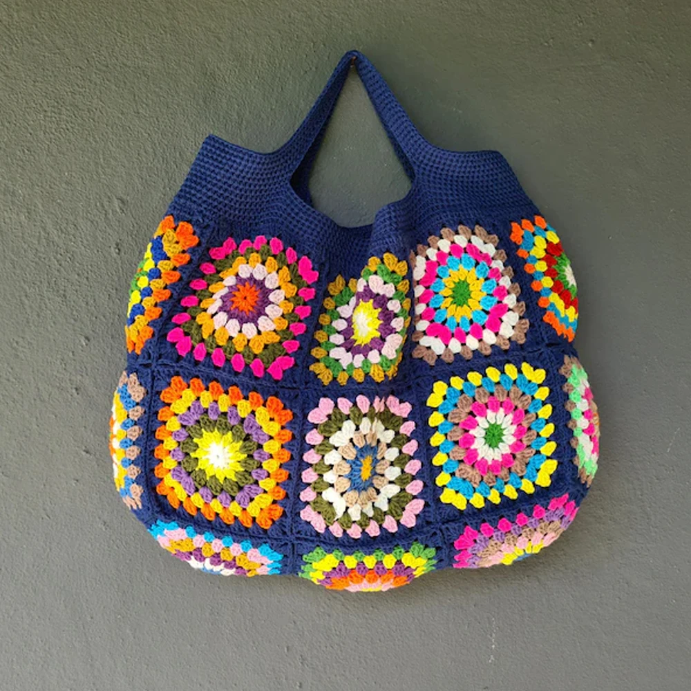 Dark Blue Women Handbags Colorful Boho Hippie Granny Square Woven Bags Vintage Handmade Crochet Kintted Cute Purse