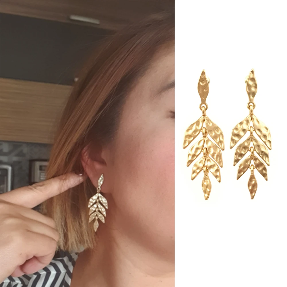 Casual Worm Gold Or Silver Color Hammered Leaf Linked Leaf Tree Drop Earrings For Women