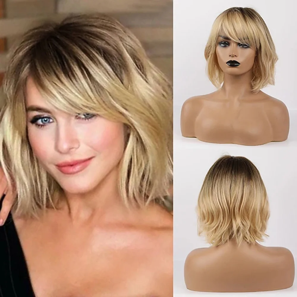 synthetic Costume Wig Medium Length Curly Natural Wave Asymmetrical Side Part With Bangs Blonde Women + Free Wig Cap