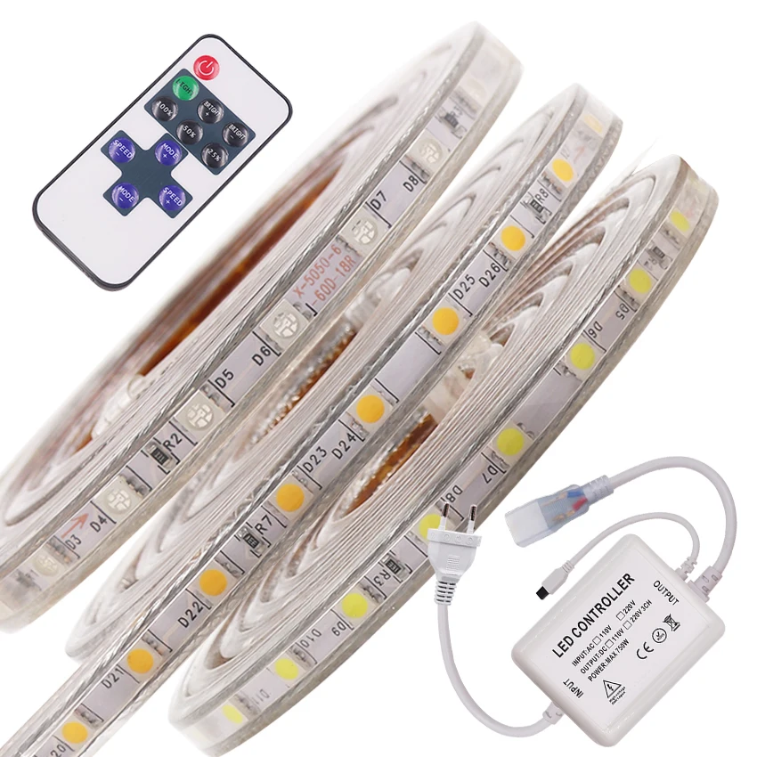 

AC 220V Dimmable LED Strip SMD 5050 Waterproof 60leds/m Flexible Ribbon Tape LED Light Lamp for Garden Outdoor Decor