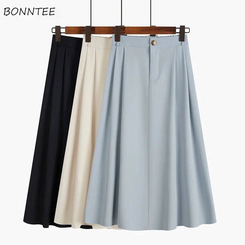 Skirts Women Elegant Minimalist Clissic All-match Empire Solid Feminine Temperament Leisure Trendy Summer 3 Colors A-line Faldas