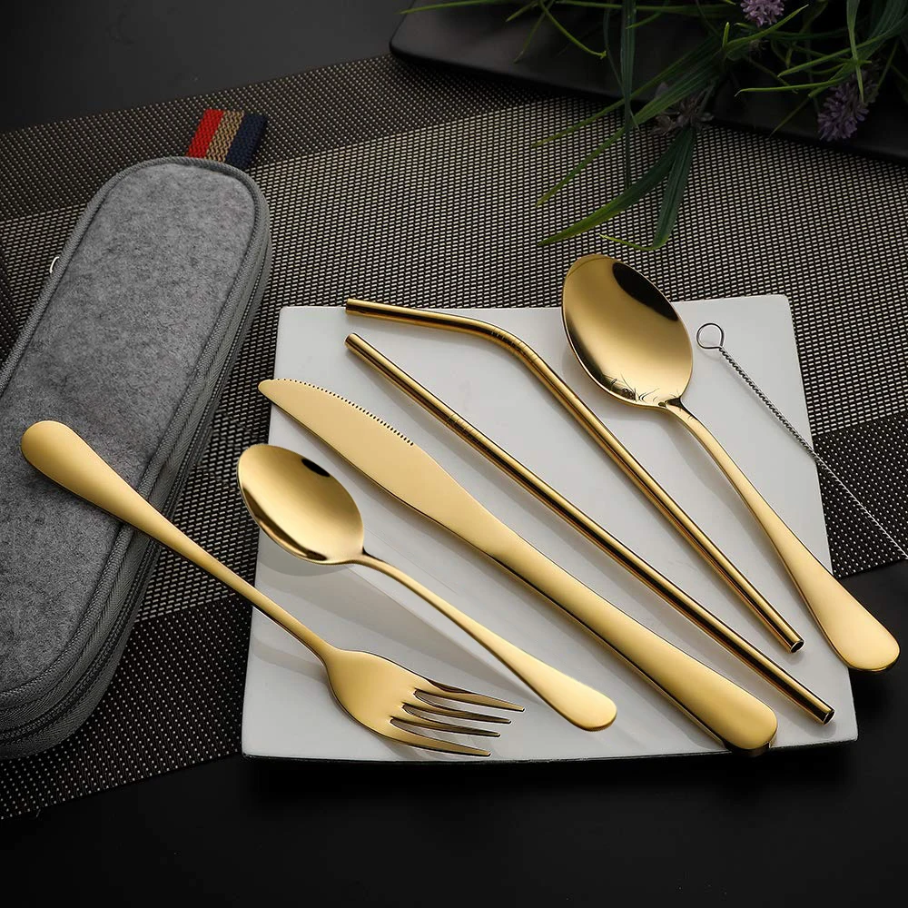 4pcs 7pcs Stainless Steel Cutlery Set tableware set Dinnerware Set Reusable with Metal Straw Flatware