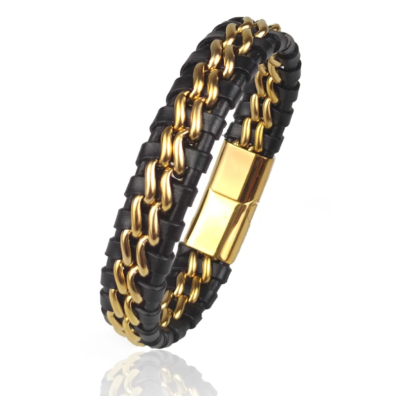 Echtes Leder-Kettenarmband für Herren, magnetischer Edelstahlverschluss in vergoldetem Gold, exklusiver Schmuck, Geschenk, Großhandel