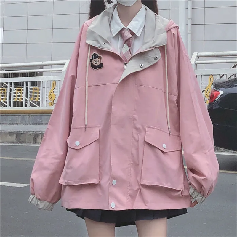 Korean Cute Pink Loose Tops Black Female Casual Students Jacket Sweatshirt Autumn Hoodie School Girls Coat Streetwear Hoodies