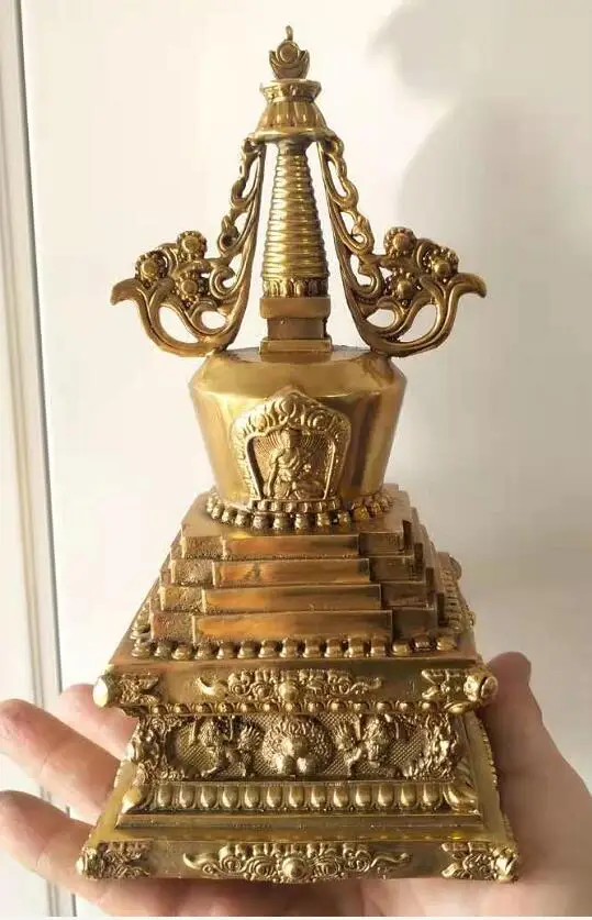 Tibetan Buddhism 100% Brass 12cm Shakyamuni Eight treasures Tathagata stupa pagoda