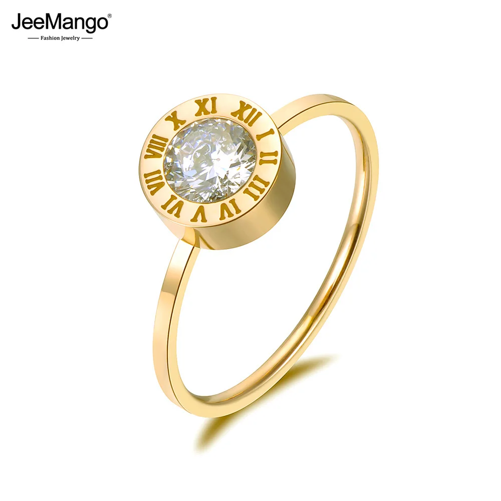 JeeMango Biżuteria ze stali nierdzewnej Okrągła cyrkonia AAA Cyfry rzymskie Modele podstawowe Anillos Mujer Pierścionki w kolorze różowego złota Anneau JR18139