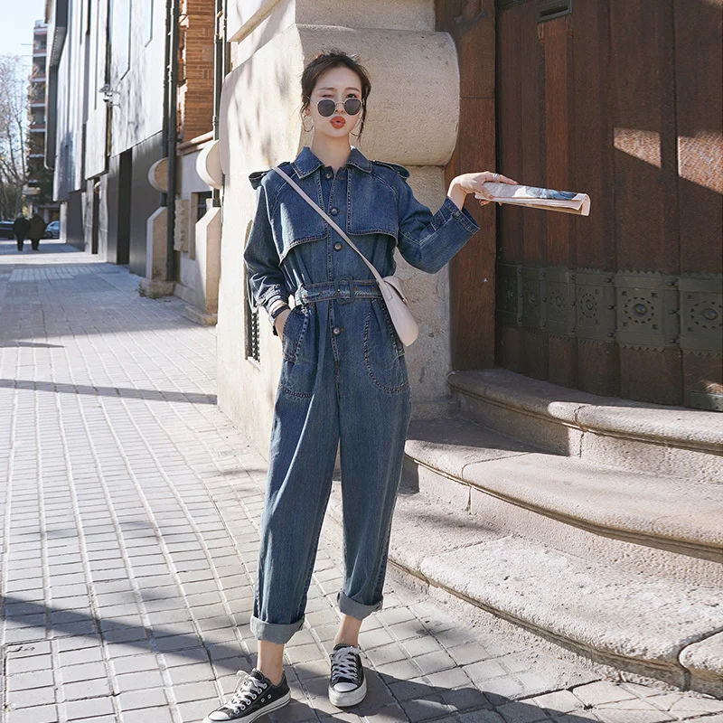 Jumpsuits Denim 2022 Spring Autumn New Korean Style Office Lady Fashion Sets Long Sleeve Playsuit Womens Elegant Overalls