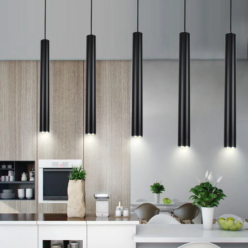 Modern Black Led Dining Room Pendant Lights For Restaurant Bar Counter Cylinder-shaped long light Rectangular Base lamps factory