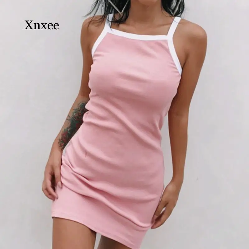 

Summer Women Splicing Spaghetti Strap Mididress Sexy Solid Slim Lady Elastics Vintage Party Club Short Dresses Clothing