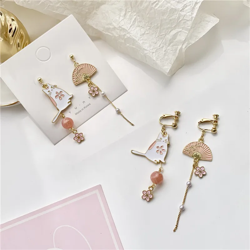 Japanese Immortal Cute Cat Fan Clip on Earrings No Hole Women Korean Asymmetric Long Tassel Pink Flower Cat Earrings No Piercing