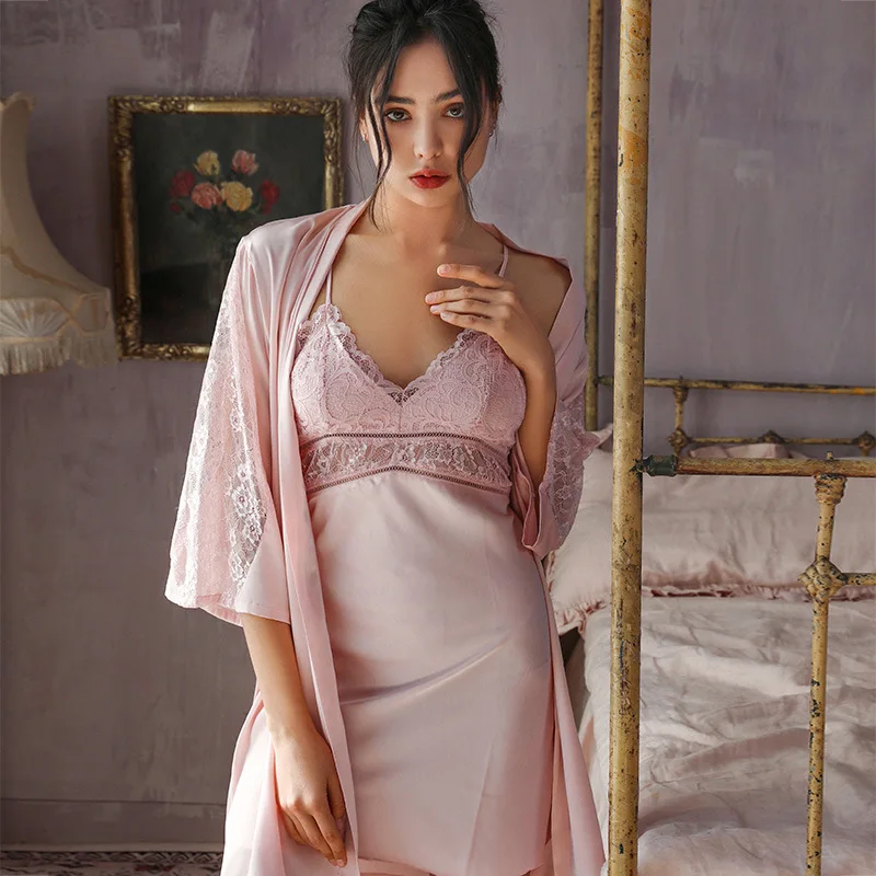 Two-pieces Robe Set With Suspender Nightdress For Women Sexy Bathrobe&Nightgown Lace Hollow Out Sleeve Kimono Gown Sleepwear