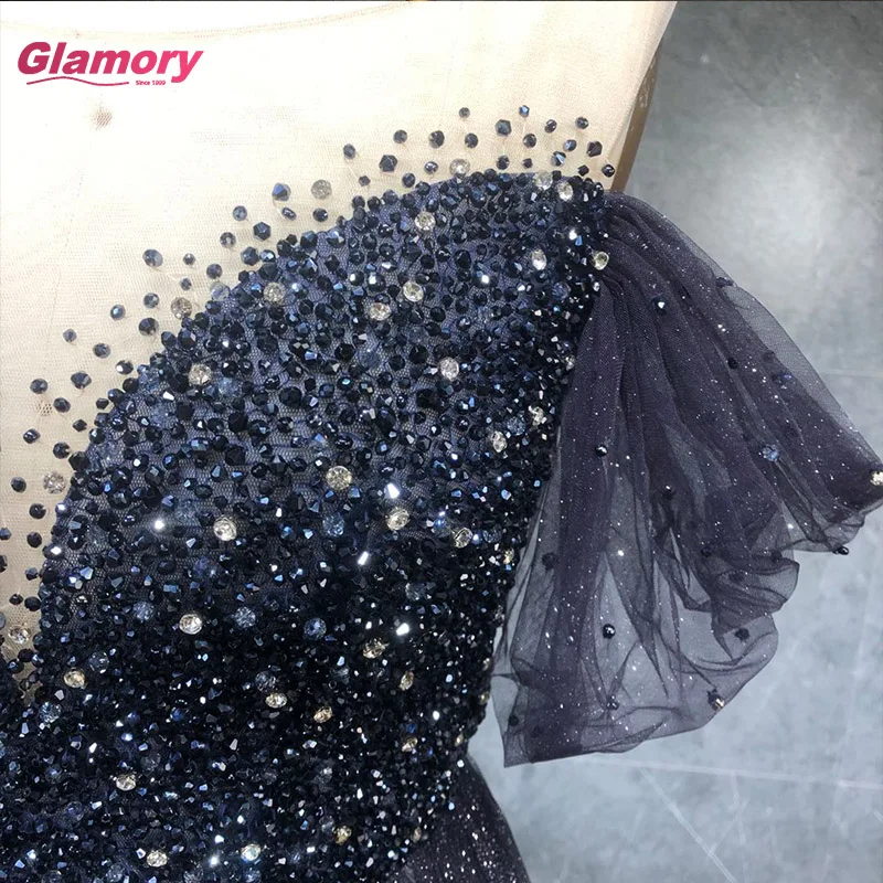 New Arrival Off-Shoulder Party Prom Crystal Beaded Gradual Change Color Shining Tulle Evening Gowns