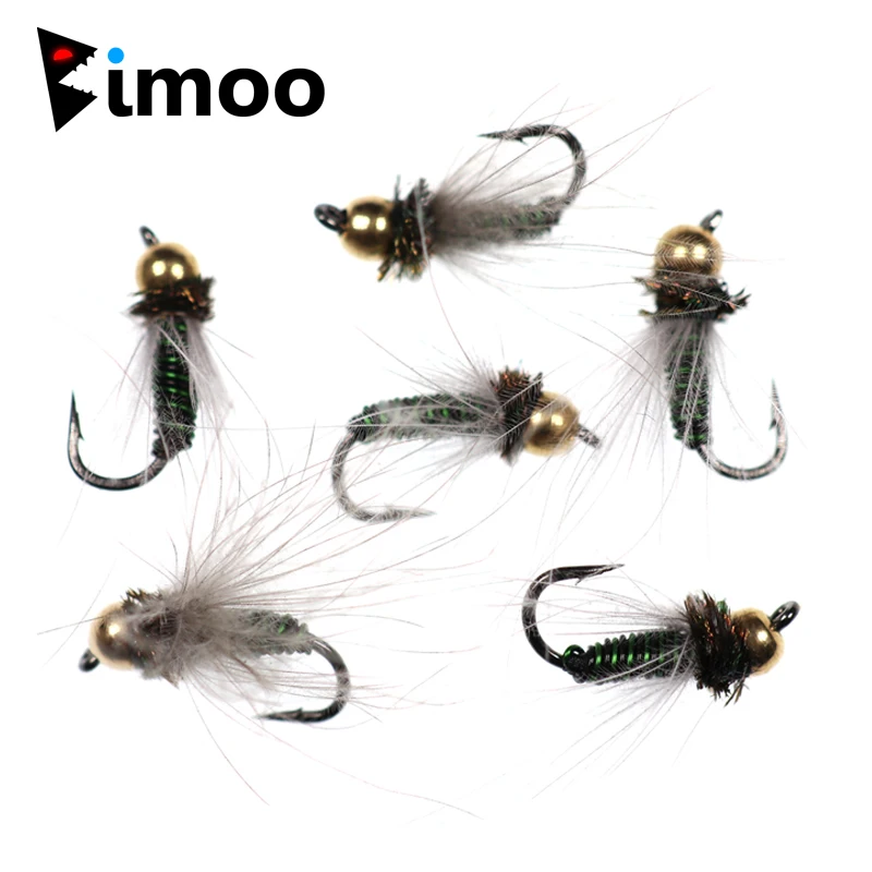 Bimoo 6PCS/Lot #14 Rainbow Brown Brook Trout Greyling Arctic Char Caddis Metallic Brass Bead Head Nymph Premium Fishing Flies