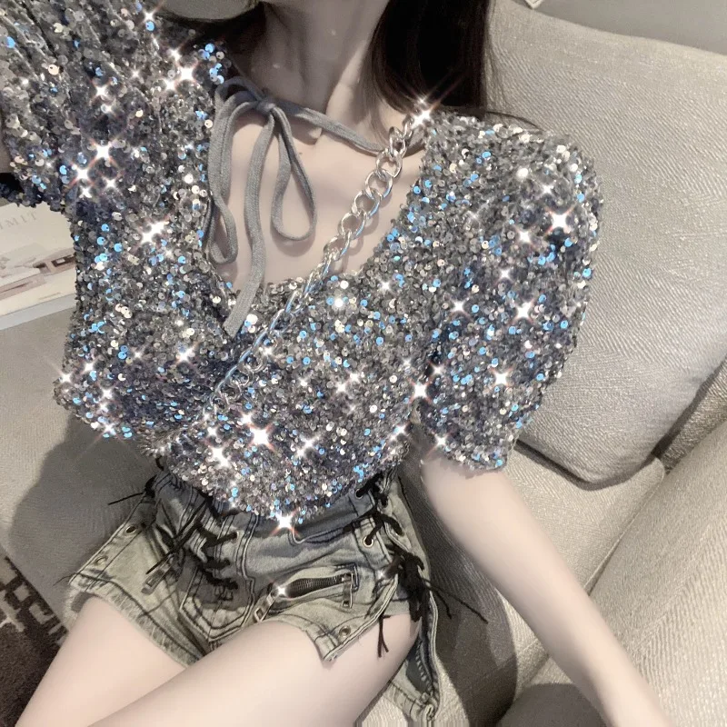 Summer Glitter Sequins Glitter Bling Bling Crop Top Lantern Sleeve Cute Girls Disco Club Bar Shirts Harajuku Sweet