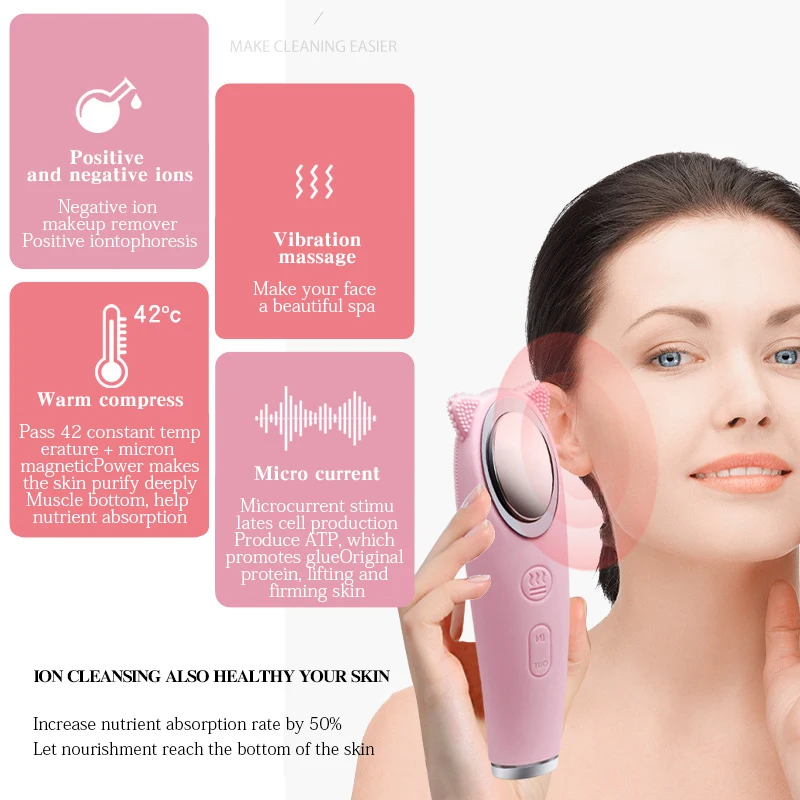 أداة تنظيف متعددة الوظائف العناية بالبشرة جهاز الجمال 3 ألوان فرشاة تنظيف الوجه الكهربائية سيليكون مع الأيونات EMS الرعاية