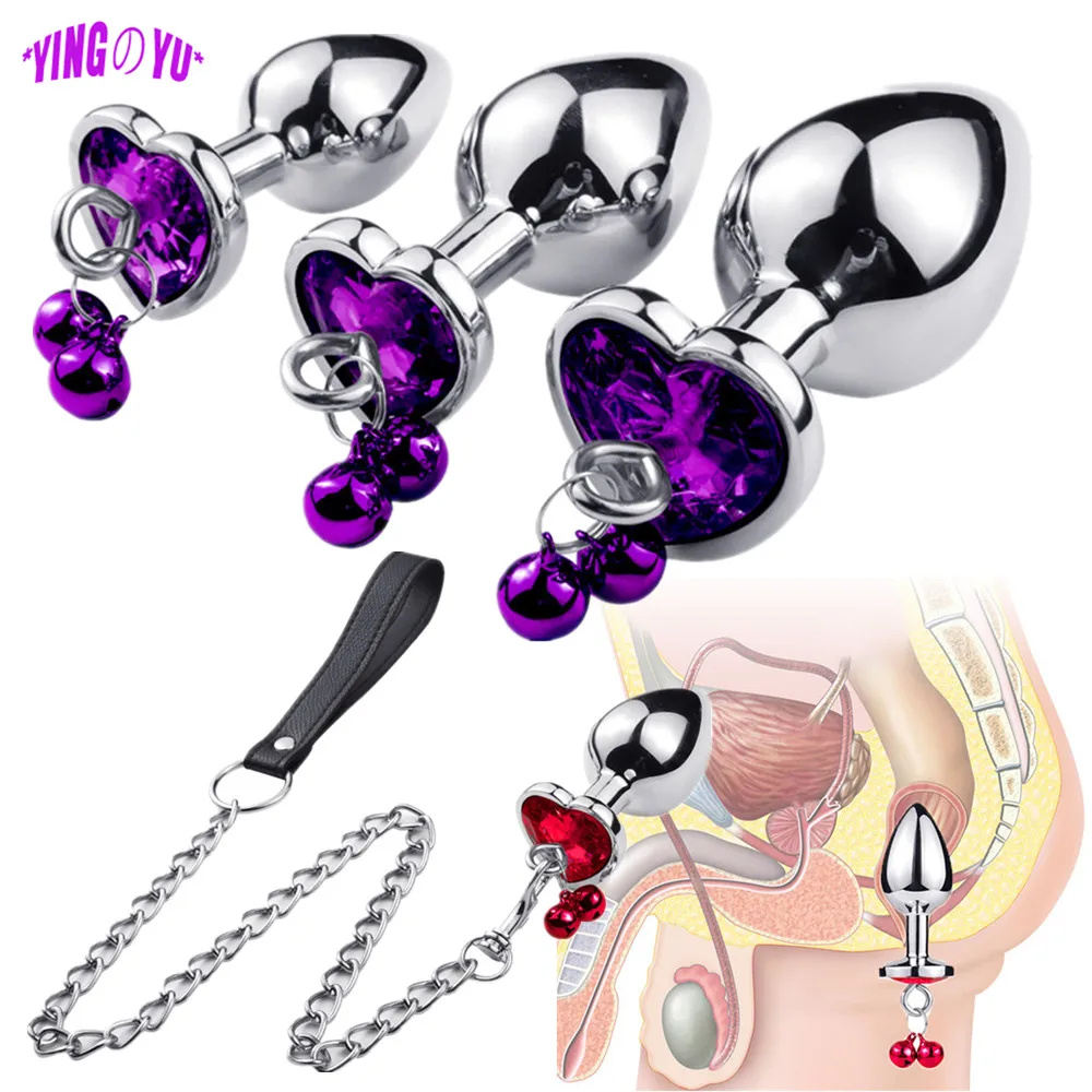 Crystal Heart Buttplug Stainless Steel Leash Chain Anal Plug Bells Pendant Prostate Massager SM Erotic Sex Toys For Women Men