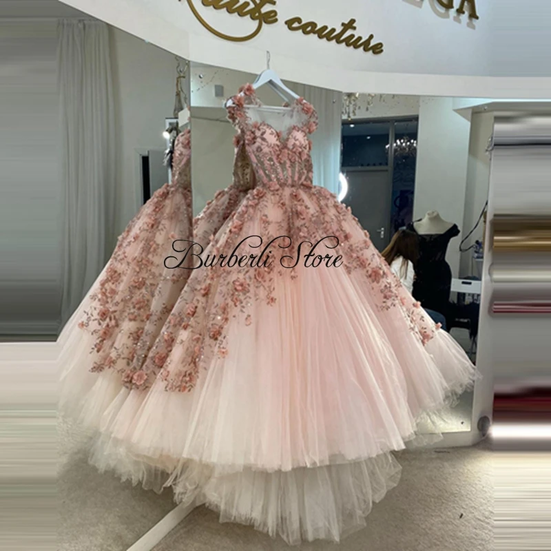 Very Puffy Pink 3D Flower Tulle Ball Gowns To Wedding Party Lush Ruffles Tulle Prom Gowns Shiny Formal Women Dress Bridal Dresse