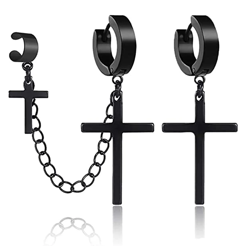 ユニセックスパンクヒップホップイヤリング,シルバーとブラックのクロスペンダント,男性と女性のための理想的なギフト
