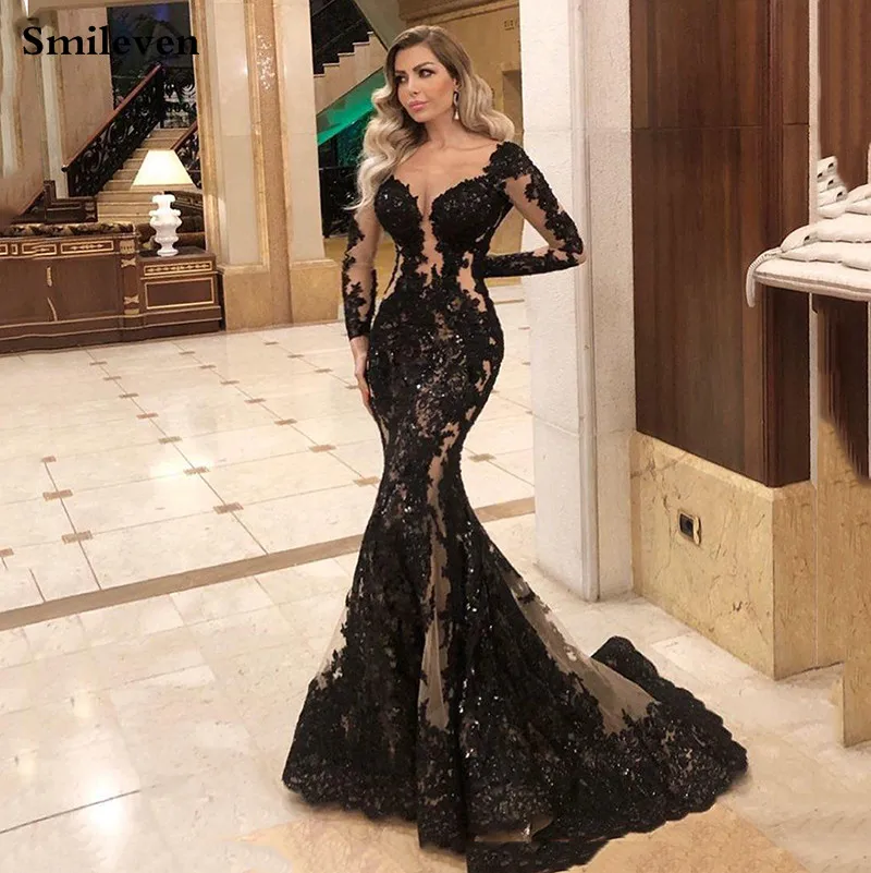 Smileven Meerjungfrau Abendkleid Lange Hülse Sexy Schwarz Lange Prom Party Kleider Nach Maß