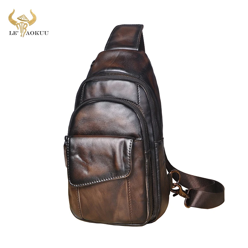 Men Quality Cow Leather Casual Fashion Triangle Crossbody Chest Sling Bag Design Travel One Shoulder Bag Daypack Male 8013