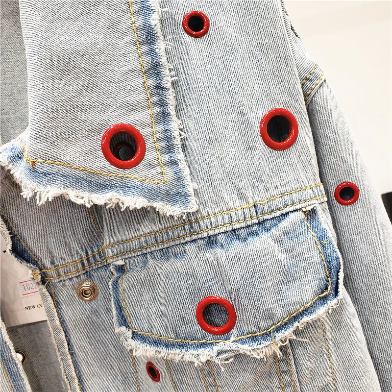 Denim Streetwear Jacket Women Circle Hollow Out Loose Vintage Jean Jacket Chic Light Blue Single Breasted Casual Short Coat