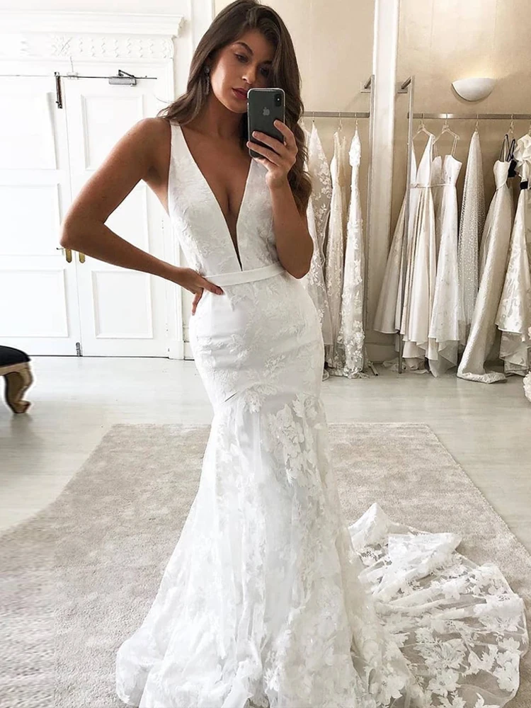 Lorie profundo v-neck sereia vestidos de casamento apliques rendas com tule cetim vestidos de noiva praia sem costas plus size 2020