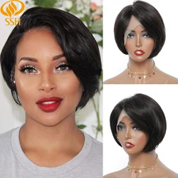 Short Lace Pixie Cut Wig T Part Transparent Lace Wigs Straight Brazilian Remy Hair Natural Black Color For Women