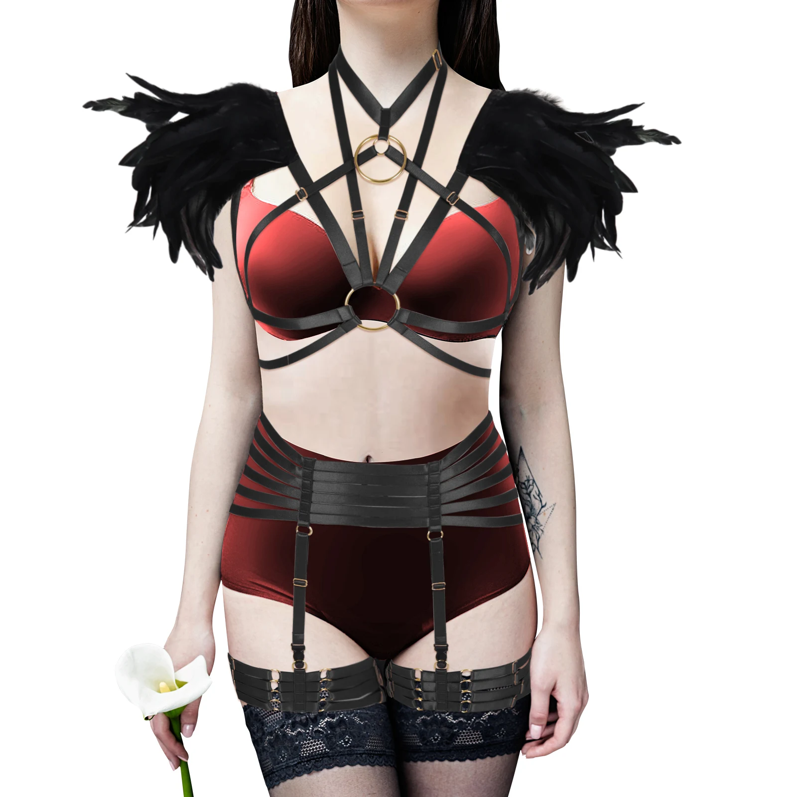 

Women Feather Harness Straps Set Goth Shoulder Feather Decoration Sexy Club Costumes Pole Dance Dress Festival Rave Clothing