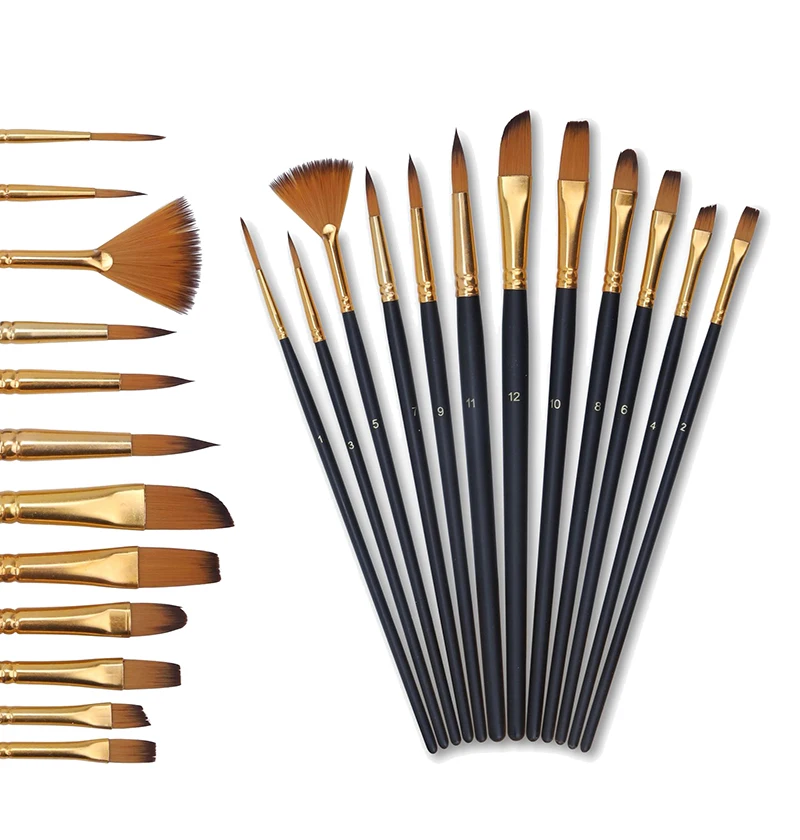 

12 Pcs Multi-functional Watercolor Gouache Short Wood Rod Oil Painting Brush Set Art Tool Two-tone Nylon Hair Acrylic Materials