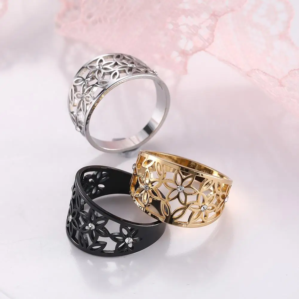 COOLTIME Flower of Life Zircon Rings Stainless Steel Rhinestone Engagement Finger Rings for Women Trend Jewelry Gift Wholesale