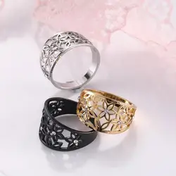 COOLTIME Flower of Life Zircon Rings Stainless Steel Rhinestone Engagement Finger Rings for Women Trend Jewelry Gift Wholesale