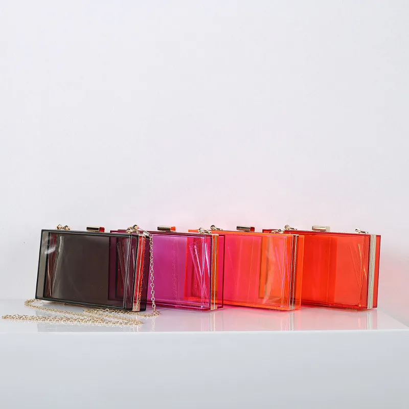 Fashion Women Bags Transparent PVC Clear Jelly Bag Tote Handbag Shoulder Bag Purs Acrylic box Clutches Purse Resin Chain Handle