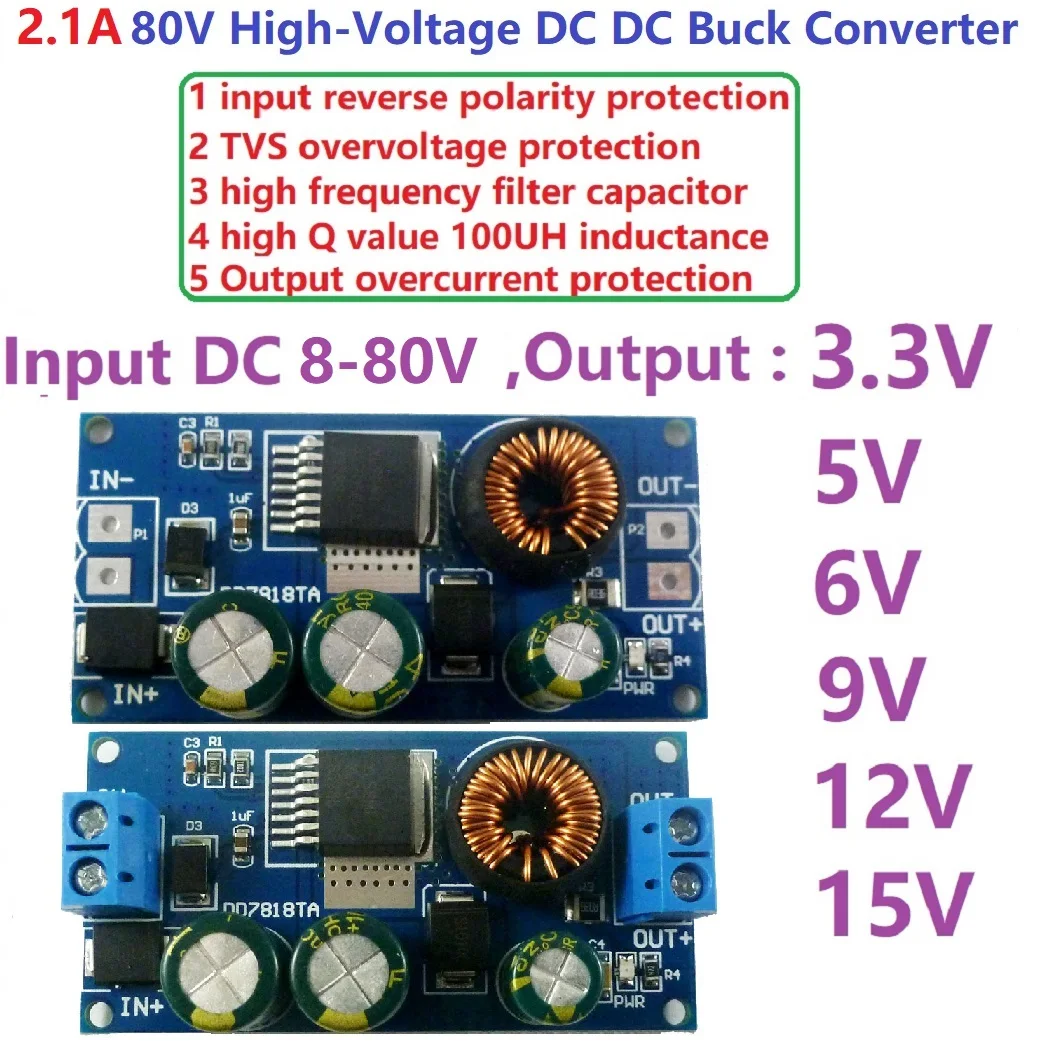 2.1A High-Voltage EBike DC-DC Converter Buck Step-Down Regulator Module 80V 72V 64V 60V 48V 36V 24V to 15V 12V 9V 6V 5V 3.3V