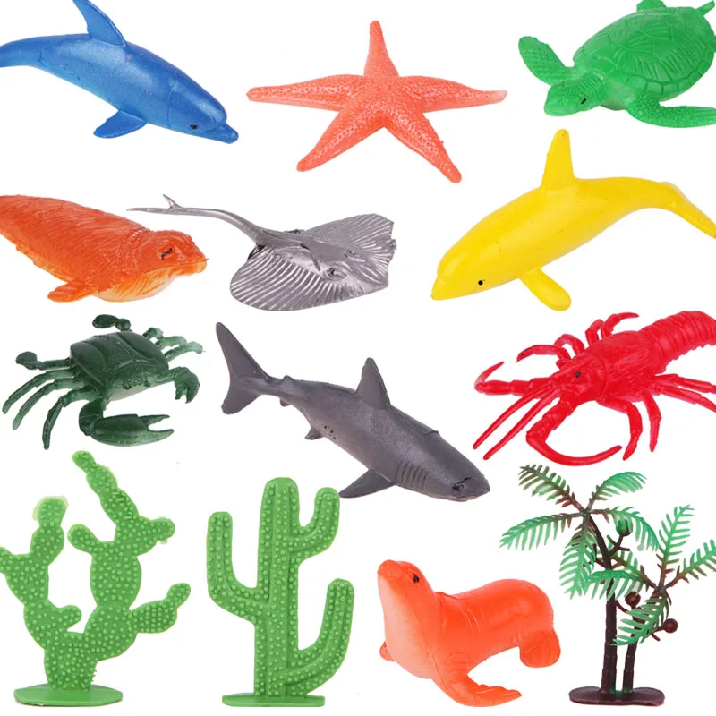 

13Pcs Plastic Marine Animals Set Sealife Models Cacti Coconut Tree Children's Toys Child Eduactional Toy Kids Boys Birthday Gift