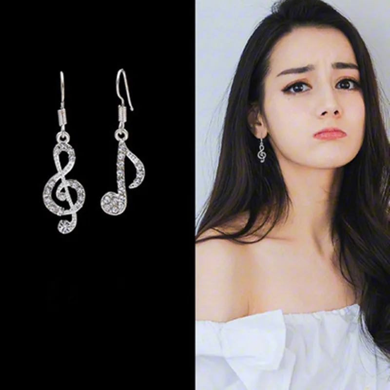 Fashion Romantic Elegent Drop Alloy Earrings Rhinestone Asymmetriy Musical Note Silver Color Earrings Women's Jewelry