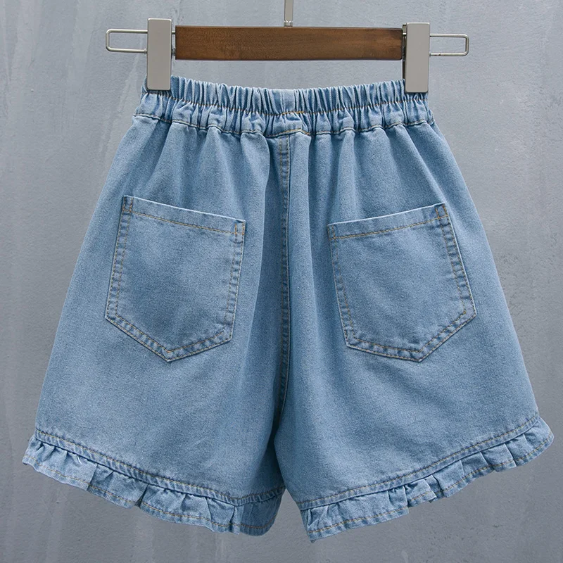 Qiukichonson 5XL Plus Kích Thước Quần Short Denim Nữ Mùa Hè Lưng Thun Mềm In Cô Gái Frilly Rộng Chân Rời Quần Short Jean Cao Cấp eo