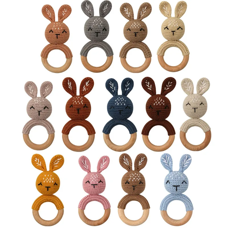 Baby Rattle Crochet Animal Rabbite Baby Teether Wooden Ring Handmade Toy BPA Free Wood Teething Bracelet Nurse Gift Baby Product