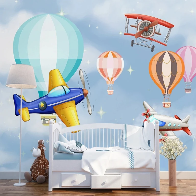 Custom 3D Mural Cartoon Hot Air Balloon Airplane Blue Sky Photo Wallpaper Children Room Bedroom Wall Papel De Parede Non-woven