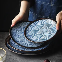 KINGLANG Japanese Traditional Sea Ripple Design Blue Color Single Ceramic Tableware Sushi Round Plate Rice Big Noodle Bowl