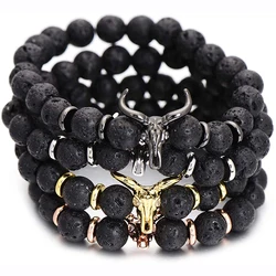 Punk CZ Bull Head Skull Men Bracelet Fashion 8MM Lava Stone Beads Charm Bracelets & Bangles Macrame Strand Jewelry Gift