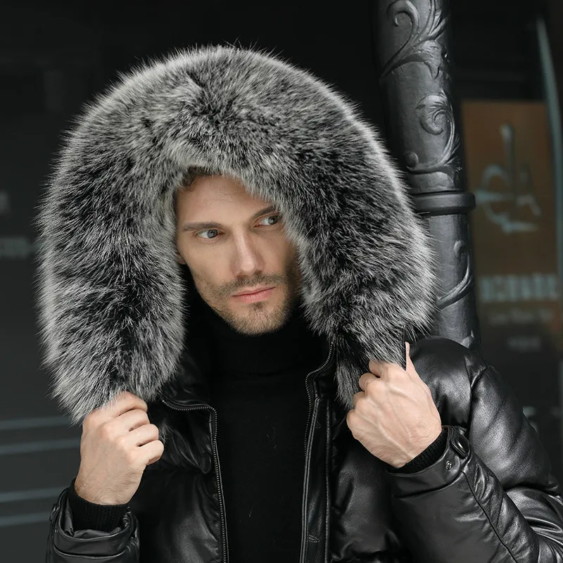 Minus 40 degrees Celsius Warm Top Layer Cowhide Genuine Leather Jacket Men X-Long Duck Down Leather Coat Real Fur Hooded Coats