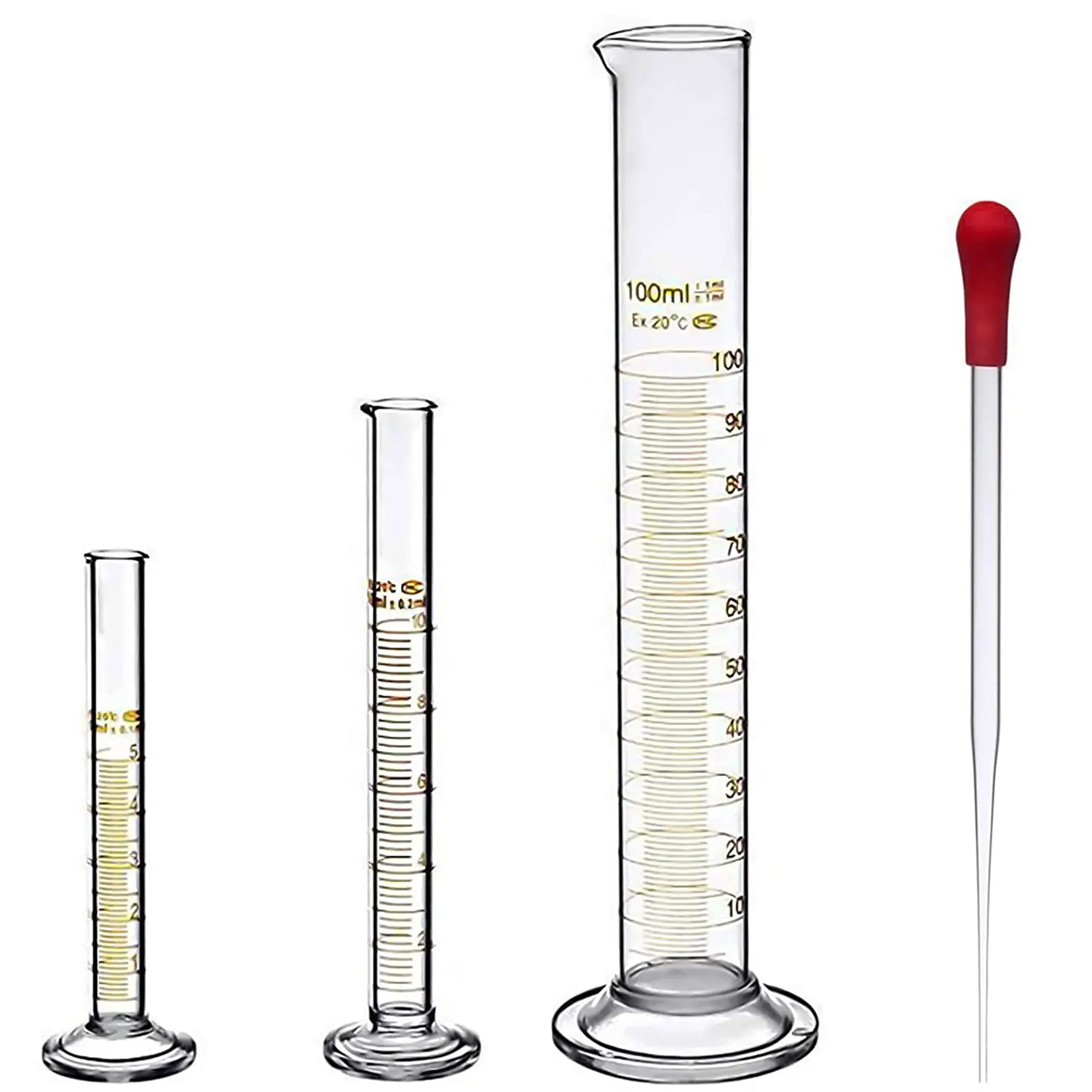 O vidro graduou os cilindros de medição grossos ajustados 5ml 10 ml 100ml do cilindro com o tampão de borracha vermelho 3ml do conta-gotas da pipeta de vidro