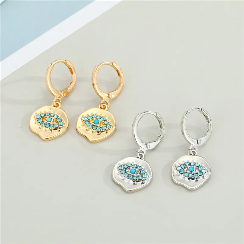 1Pair Irregular Round Turkish Eye Hoop Earrings For Women Vintage Shiny Blue Crystal Lucky Evil Eye Small Ear Stud Jewelry E368